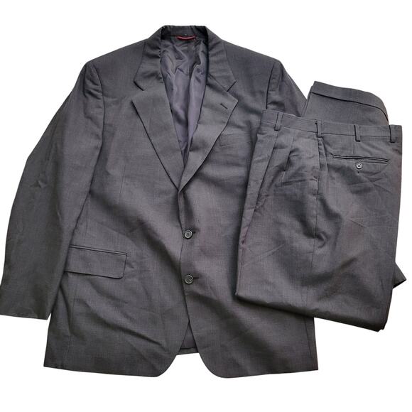 Jos A. Bank 2 PC 100% Wool Dark Charcoal Gray Plaid 2 Button Suit 46R Pant 38/32 - Picture 1 of 11